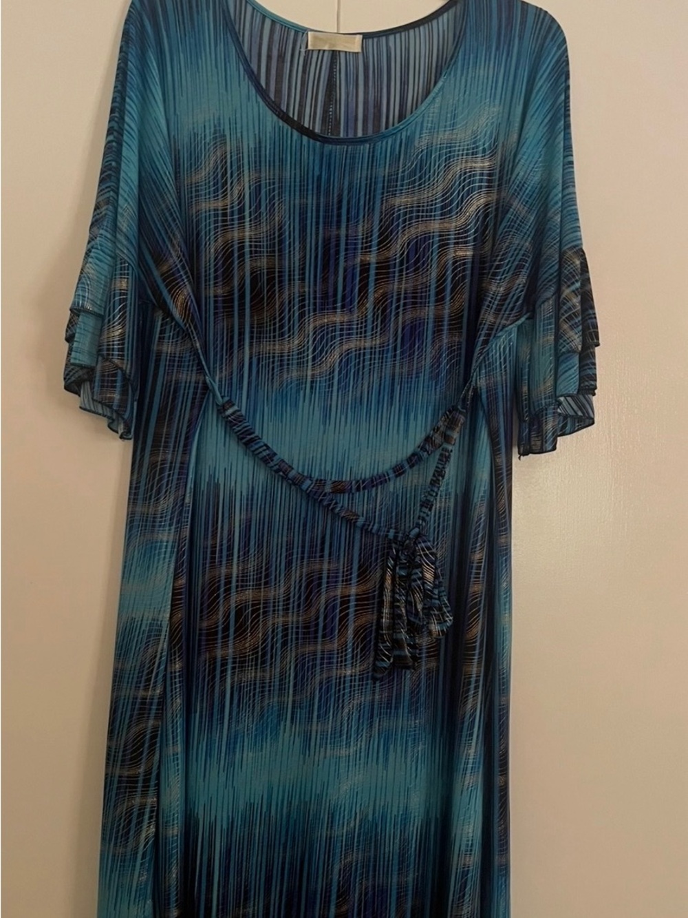 Blue Patterned Women's Midi Dress with Tie Waist